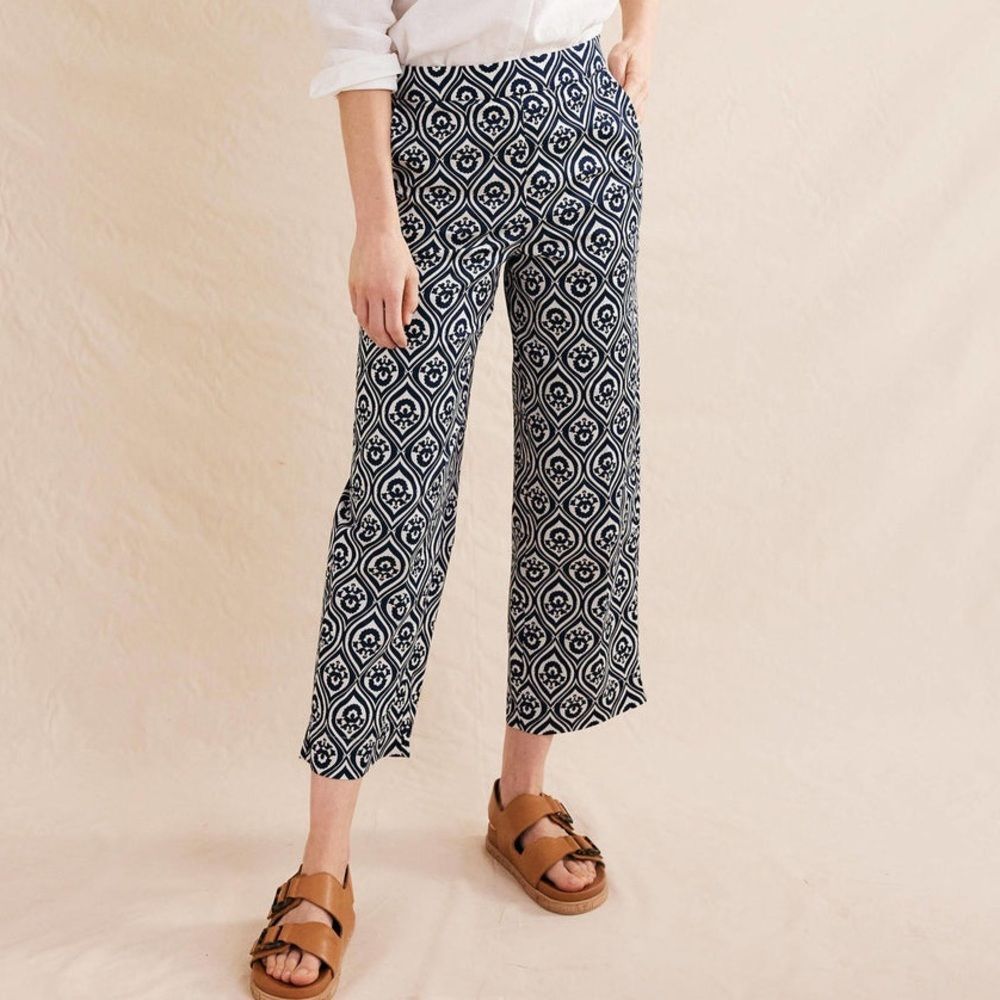 Boden Printed Crop Pants Size US 12 Geo Cascade Navy High Rise Wide Leg Trousers